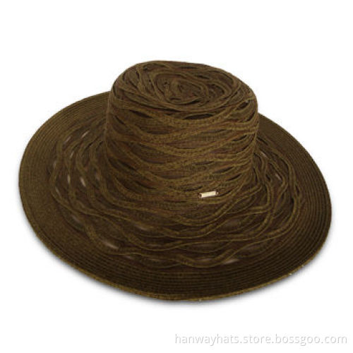 2012 New Stylish Women's Sheer and Paper Braid Floppy Straw Hat with Metal Badge